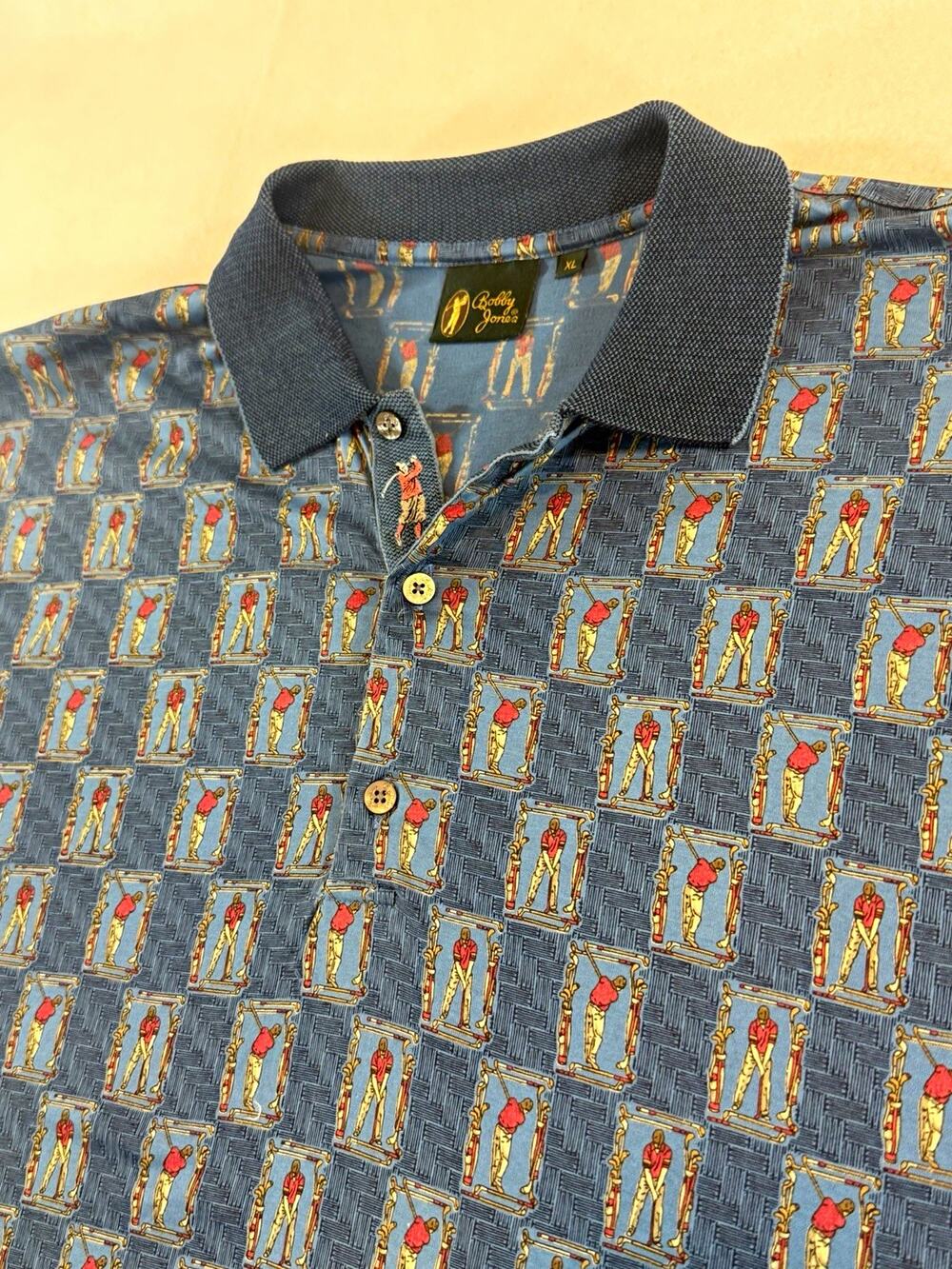 Bobby Jones Mens XL Blue All Over Golfer Print Golf Polo